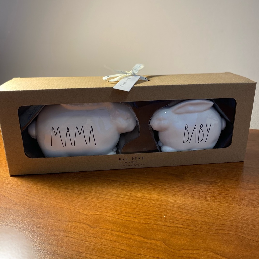 Rae Dunn mama and baby bunny decor